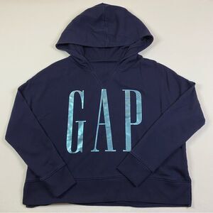 GAP Hoodie Women’s Small Navy Blue Cropped Metallic Spell Out‎ Logo Sweatshirt